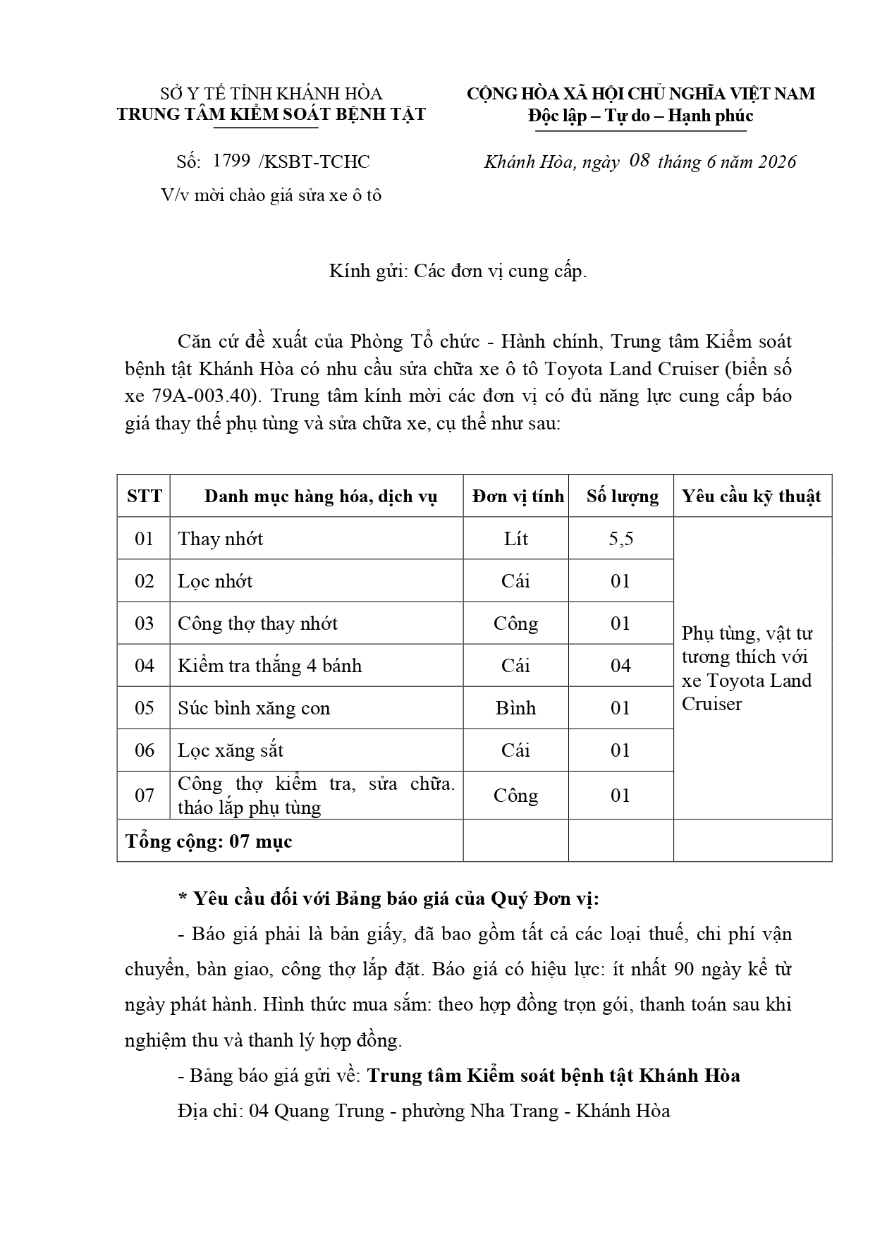 V/v mời chào giá sửa xe ô tô